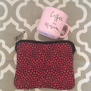 NWOT; J Crew neoprene pouch, black with red hearts